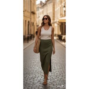 Rachel‎ Zoe Ribbed Knit Maxi Skirt Womens Large Side Slit Olive Green Boho Chic